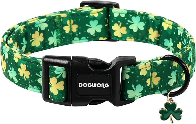 DOGWONG St Patrick's Day Dog Collar-Cute Green Clovers Dog Collars, Adjustable Shamrock Pet Collars Trefoil Puppy Collars with Quick Release Buckle for Girl&Boy Dogs,M