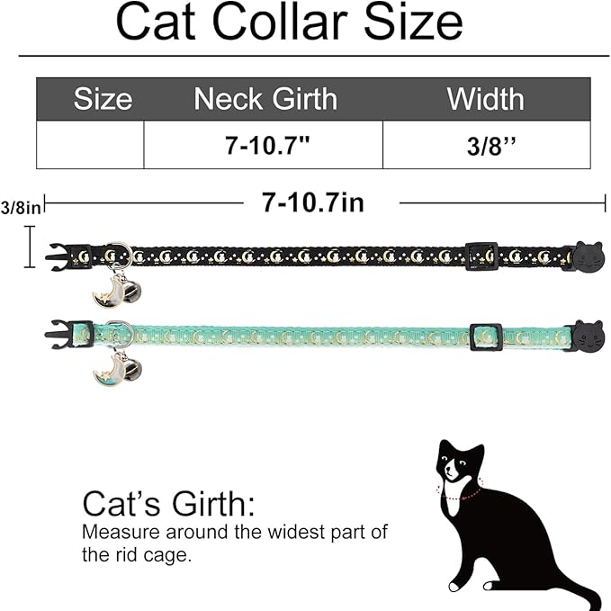 2 Pack Breakaway Cat Collar with Bells,Adjustable Moon and Star Kitten Safety Collars for Boys & Girls,Black+Teal