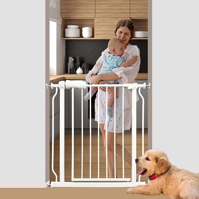 Walk Through Baby & Dog Gate 29-34 Inch, Pressure Mounted No Drilling, Indoor Safety Gate for Stairs & Doorways, Metal Design for Kids and Pets, White
