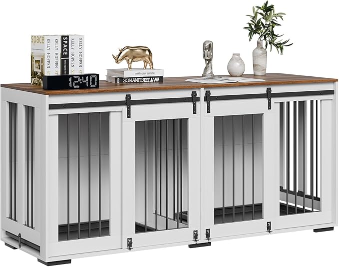 VEVOR 72"Dog Crate Furniture for 2 Dogs,Double Dog Crate Furniture with Double Sliding Doors,Large Dog Crate TV Stand with Removable Tray,Steel Frame Double Dog Crate for Small,Medium,Large Dogs White
