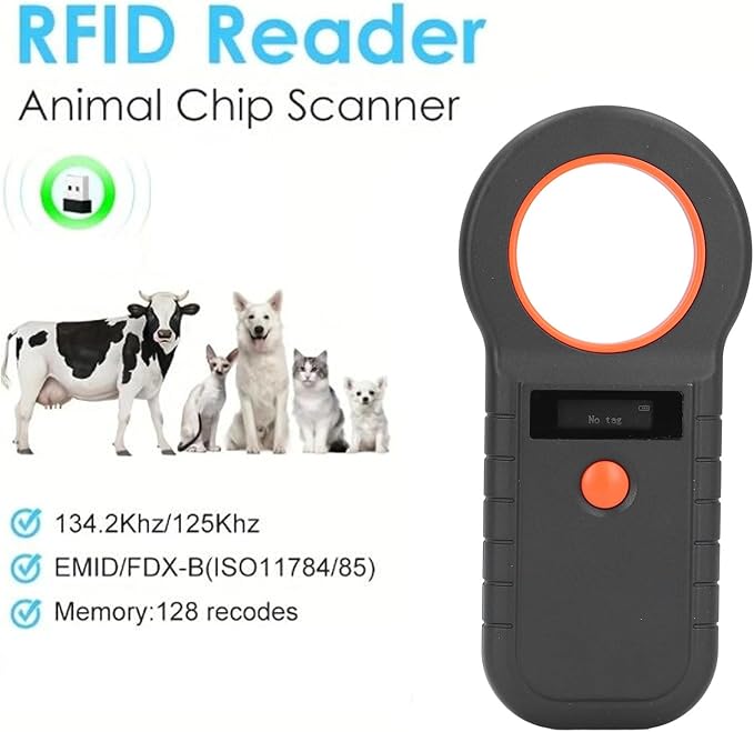 Pet Microchip Scanner, RFID Reader 134.2kHz 125kHz, Rechargeable, Memory Storage 128, for Dogs Cats Animals
