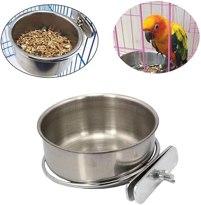 PINVNBY 2PCS Parrot Feeding Cups Birds Food Dish Stainless Steel Parrot Feeders Water Cage Bowls with Clamp Holder for Cockatiel Conure Parakeet Macaw Small Animal (Size: L)