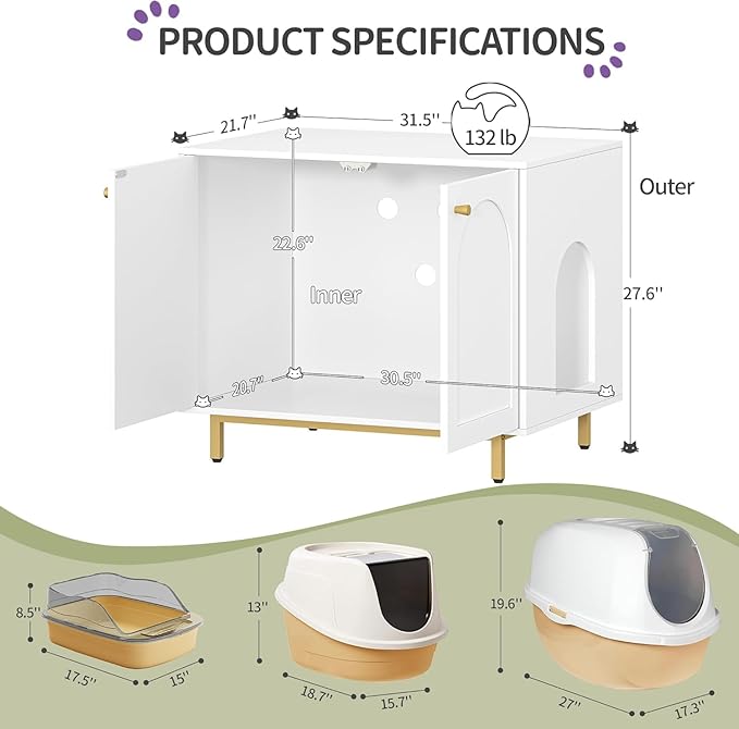 Cat Litter Box Enclosure, Hidden Litter Box Furniture Cabinet, Wooden Indoor Cat House, Side End Table, Living Room, Bedroom, White and Gold CB85003G