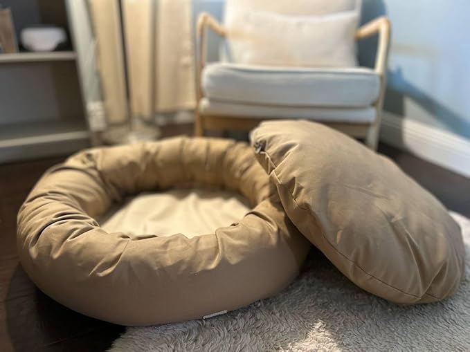 Organic Cotton Canvas Dog Bed: Removable Cover, Natural Fill - Made in USA (Tan, Large 35" x 8" inches)