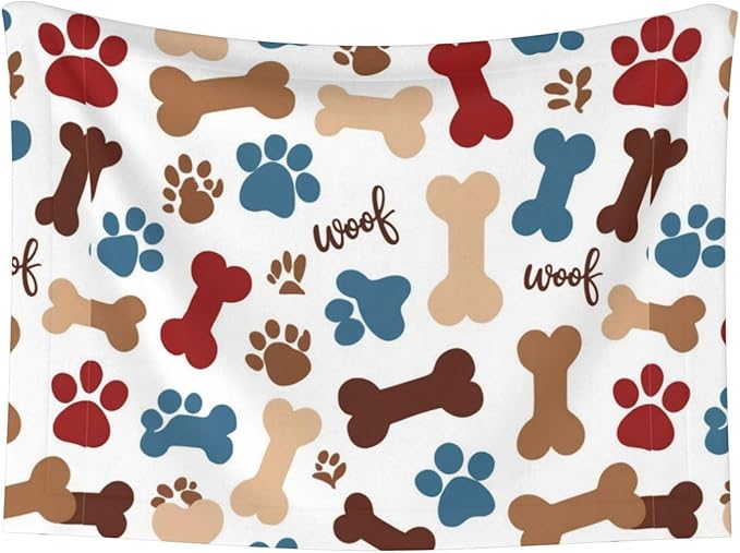 Two Sided Pet Cuddler Blanket for Anxiety Calming, Dog Bones Paw Prints Cream, Reversible Plush Design with Bubble Dot Pattern Provides Familiar Surface Anywhere