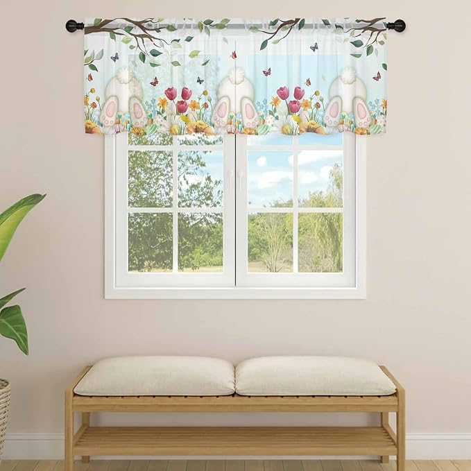 Easter Sheer Valances for Windows 42"x18", Light Filtering Kitchen Curtains