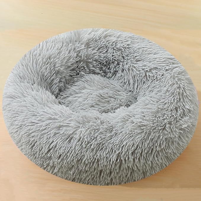 Calming Large Dog Bed & Cat Bed, 43 Inch Anti-Anxiety Donut Dog Cuddler Cat Bed, Warming Cozy Soft Dog Round Bed, Fluffy Faux Fur Machine Washable Pet Cushion for Medium Dogs & Cats (Light Grey)