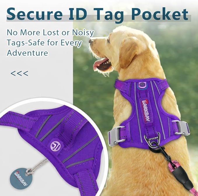 BARKBAY Dog Harness No Pull Oxford with ID Tag Pocket - Heavy Duty, Reflective, Easy Control for Large Dogs(Purple Oxford,M)