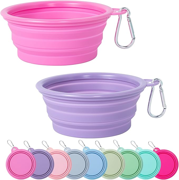 SLSON Collapsible Dog Bowl, 2Pack Macaron Color Pet Travel Bowls Silicone Foldable Water Feeder Dish for Small to Large Dogs Cat Walking Hiking Camping (Macaron Rose and Violet, Small)
