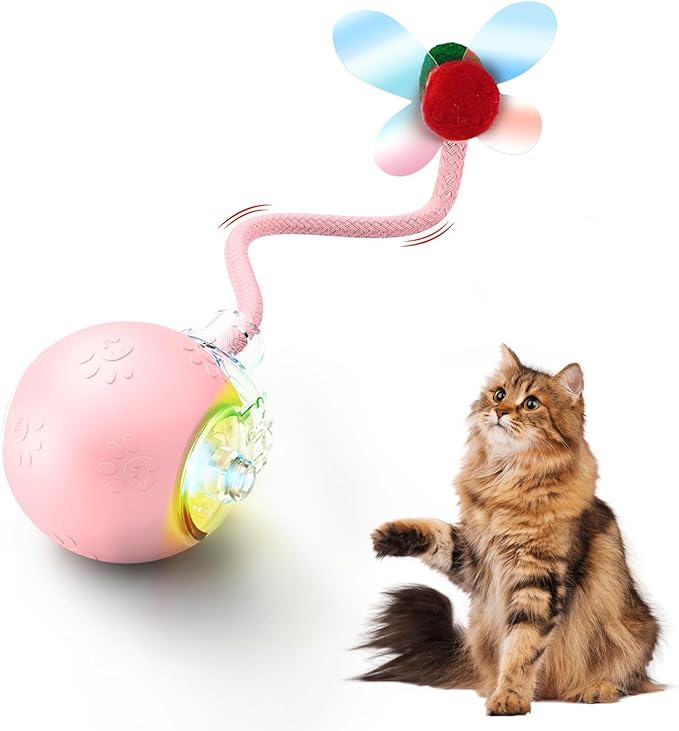 Interactive Cat Toys for Indoor Cats, 2025 Upgraded 360° Anti-chew Safe Material Moving Cat Ball with Tail, Interactive Cat Toys for Bored Indoor Adult Cats to Keep Them Busy (Pink, 2.2in)