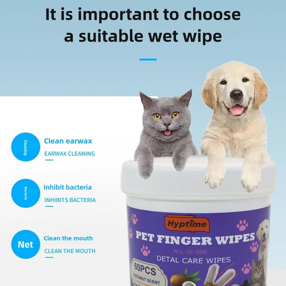 Pet Teeth Cleaning Finger Wet Wipes for Dogs and Cats Easy Oral Care Ear Eye Soft Disposable Wipe Dog Cat Toothbrush Cleaner Safe Non-Irritating Grooming Kit Care 60 Counts