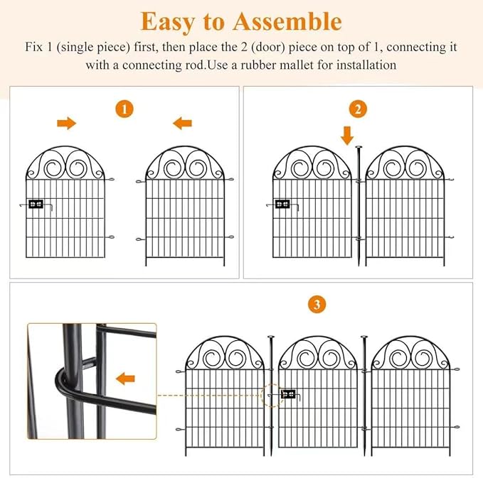 Tall Garden Fence with Gate, 40 Inch(H) 4 Panels Total Length 8.8 Ft Dog Fences Outdoor for Yard, Black Metal No Dig Fencing for Dogs, Reusable Decorative Fence for Garden│Patented