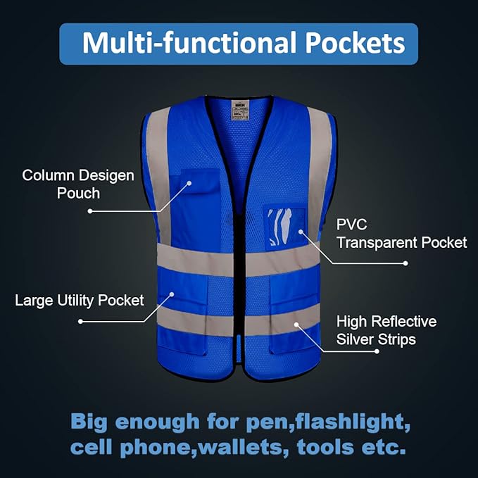 10 Pack Mesh Safety Vest Custom Logo Class2 High Visibility Reflective Vest with 5 Pockets Construction Security Work Vest ANSI/ISEA Standards（Blue，4XL ）
