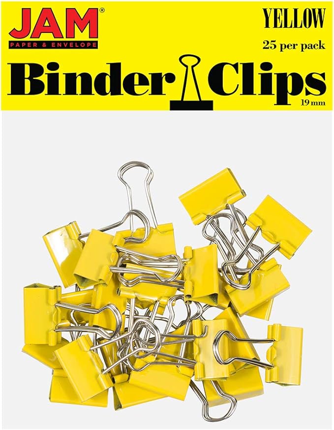 JAM PAPER Colorful Binder Clips - Small - 3/4 Inch (19 mm) - Yellow Binderclips - 25/Pack