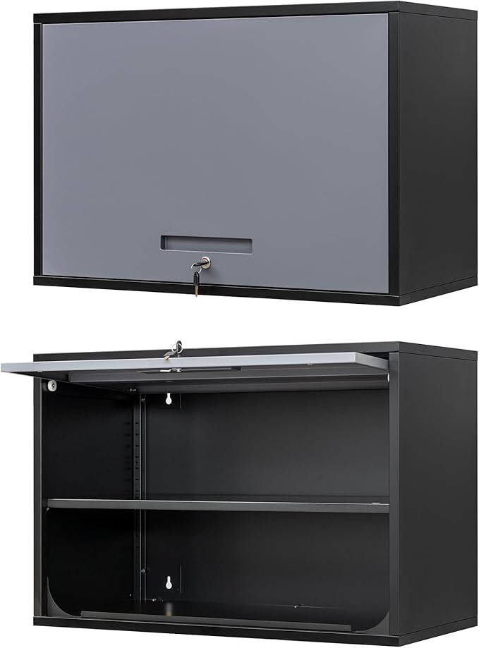 Metal Wall Cabinet with Locking Door and Shelf, Hanging Garage Cabinets with Up-Flip Doors for Garage, Warehouse, Home, Office, Assembly Required (Black Grey, One Cabinet)