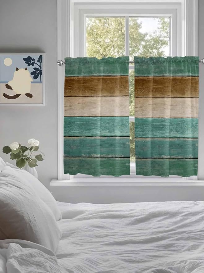 Vintage Plank Turquoise Brown Window Valance Curtains, Farmhouse Wood Grain