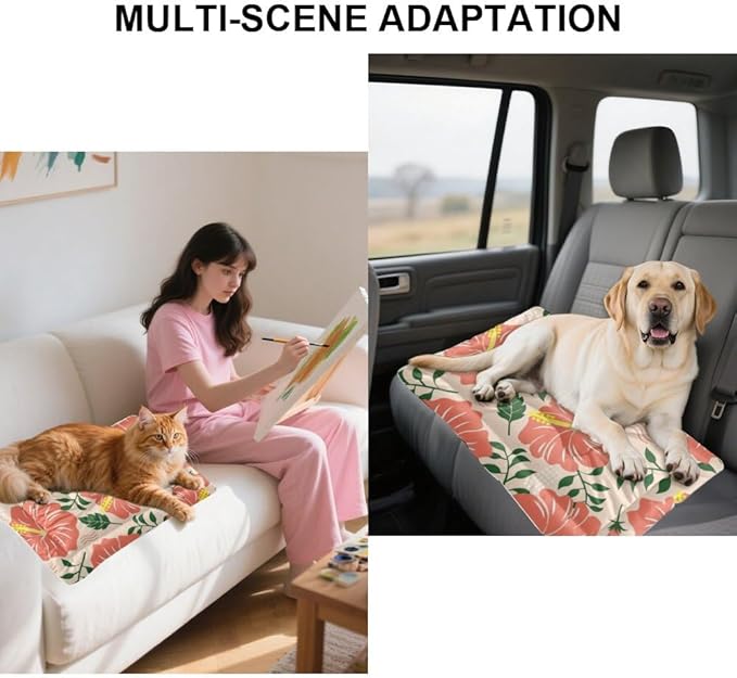 Coral Hibiscus Doggie Beds for Medium Dogs Washable Mat for Dogs Washable Kennel Pad Dog Crate Beds Non-Slip Dog Bed Crate Bed Car Mats Cages Pet Furniture Indoor Outdoor 36X24 Inch