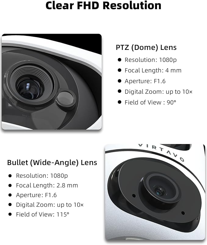 VIRTAVO XD1 Indoor Security WiFi Camera, No Subscription Required, Dual-Lens 360° PTZ Baby Monitor & Pet Cam, Motion Tracking, 2-Way Audio, Night Vision,Optional Cloud/SD Storage, Phone App, Wired
