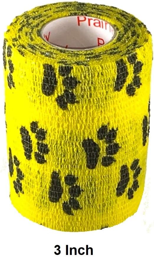 Vet Wrap Wrap Tape (Yellow with Paw Prints) (2 Pack) (3 Inch x 15 feet) Self Adhesive Adherent Adhering Cohesive Flex Self Stick Bandage Grip Roll Dog Cat Pet Horse