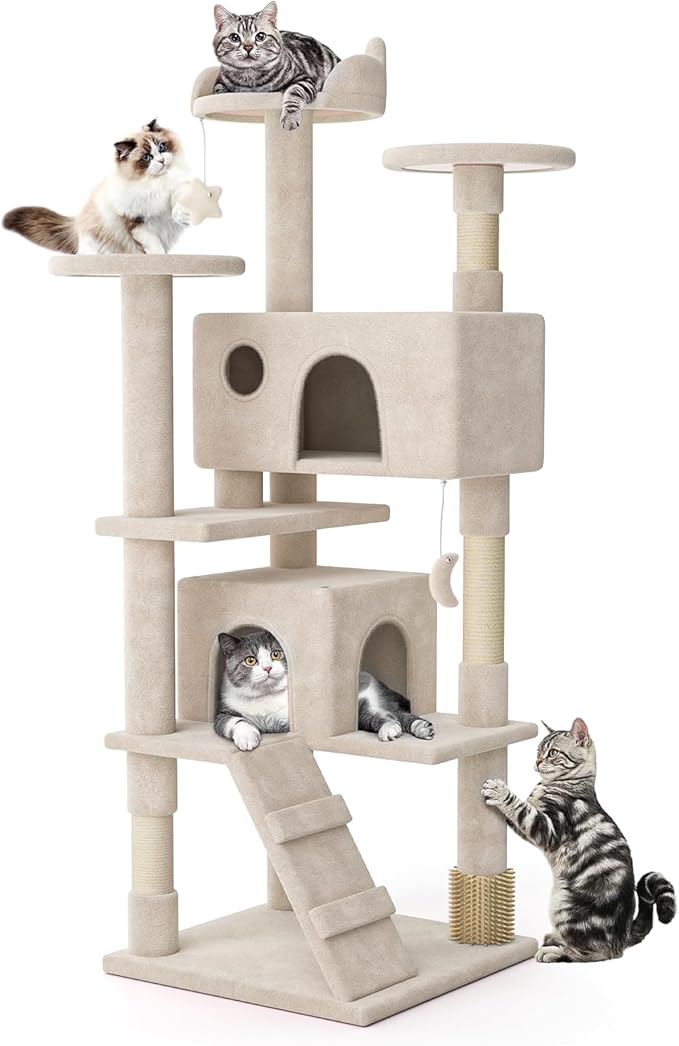 MoNiBloom 60 Inch Cat Tree Tower for Indoor Cats Large Adults, Cat Tower with Scratching Post, Multi-Level Furniture Activity Center with Cat Condo Pet Play House, Beige