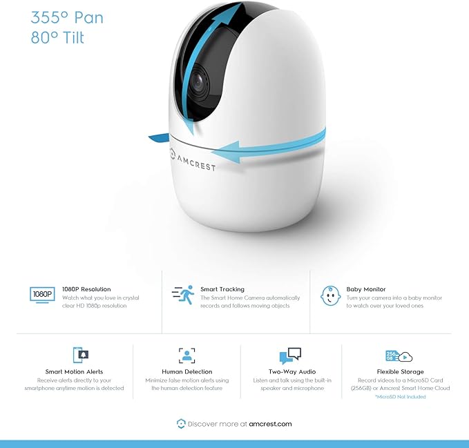 Amcrest 1080P WiFi Camera Indoor, Nanny Cam, Dog Camera, Sound & Baby Monitor, Human & Pet Detection, Motion-Tracking, w/ 2-Way Audio, Phone App, Pan/Tilt Wireless IP Camera, Night Vision (Renewed)