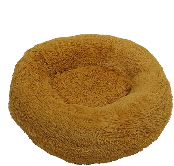 Calming Faux Fur Dog Beds Calming Donut Cuddler Dog Bed Washable Round Cat Bed Pillow Cuddler Fluffy Indoor Dog Calming Beds with Anti Slip Bottom Solid Color Yellow 39 Inch