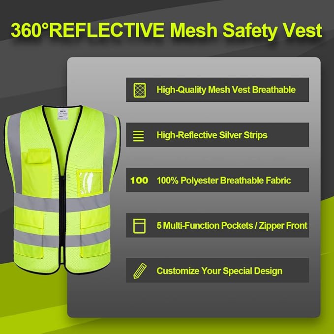 Mesh Safety Vest Custom Logo Class 2 High Visibility Reflective Vest with Pockets Construction Security Work Vest（Yellow，XL）