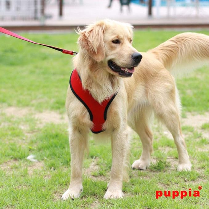 Puppia Soft Dog Harness No Choke Over-The-Head Triple Layered Breathable Mesh Adjustable Chest Belt and Quick-Release Buckle, Red, XX-Large