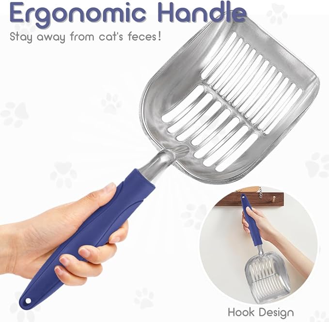Cat Litter Scoop, Metal Cat Scooper, Plastic Handle Scoop, Sifting Shovel of Christmas– Heavy Duty Aluminum Alloy Litter Box Scoop with Deep Mesh, Design for Easy Waste Removal and Cleaning(Dark Blue)