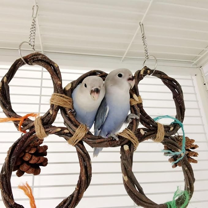 Circle Straw Bird Swing Stand Bird Perches Stand Hanging Chewing Toy for Parrots Bird Playground Cage Accessories Climbing Rope Net Ladders for Foraging Toys（Random Color） (6 Rings)