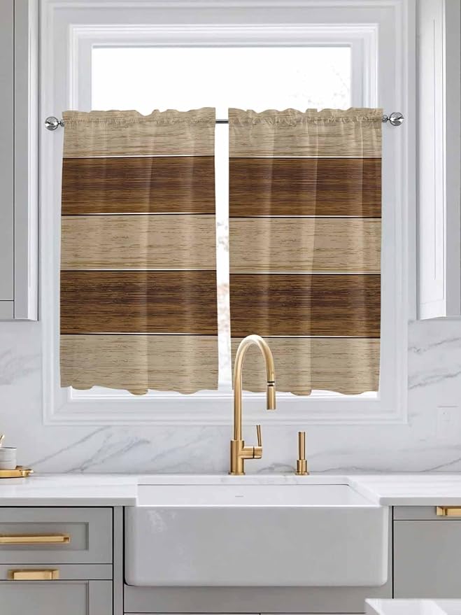 Retro Country Brown Wooden Board Window Valance Curtains, Farmhouse Gradient
