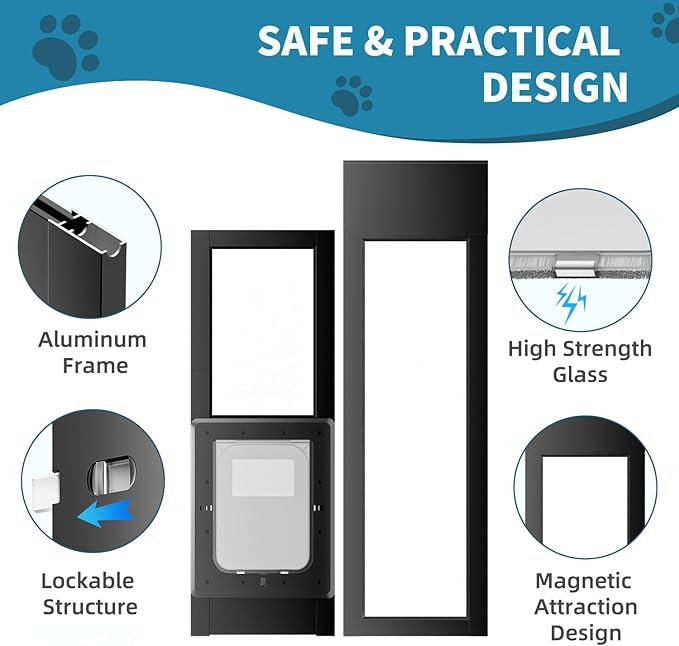 Dog Door for Sliding Glass Door, Magnetic Plastic Flap, Adjustable Height, No-Cut Insert with Lock, Ideal for Renters, Apartments, Patio Black M