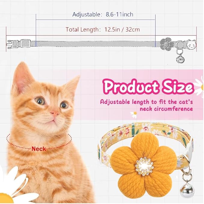 Cat Collar, HYQHYX Breakaway Kitten Collar with Flower,Rhinestone Kitty Collar with Bell, Floral Pet Collar with Safety Buckle for Cats and Puppy Dog
