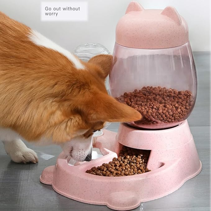 Automatic Cat & Dog Feeder Set, Self-Dispensing Food & Water Dispenser, Large Capacity (Pink)