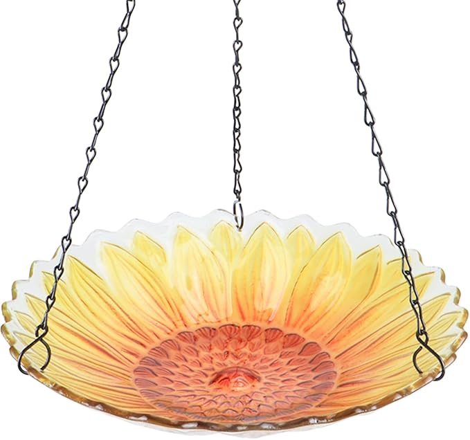 MUMTOP Hanging Bird Bath Outdoor, Sunflower Glass BirdBaths & Birdfeeder with Water Ripple Rim 11 Inch for Garden Yard Patio Decor
