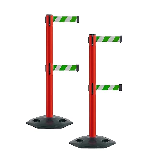 Montour Line MSR630D Set of 2 Retractable Belt Barrier Stanchion, Heavy-Duty Rubber Base, Red Post (7.5 ft Green and White Diagonal Dual Belt)