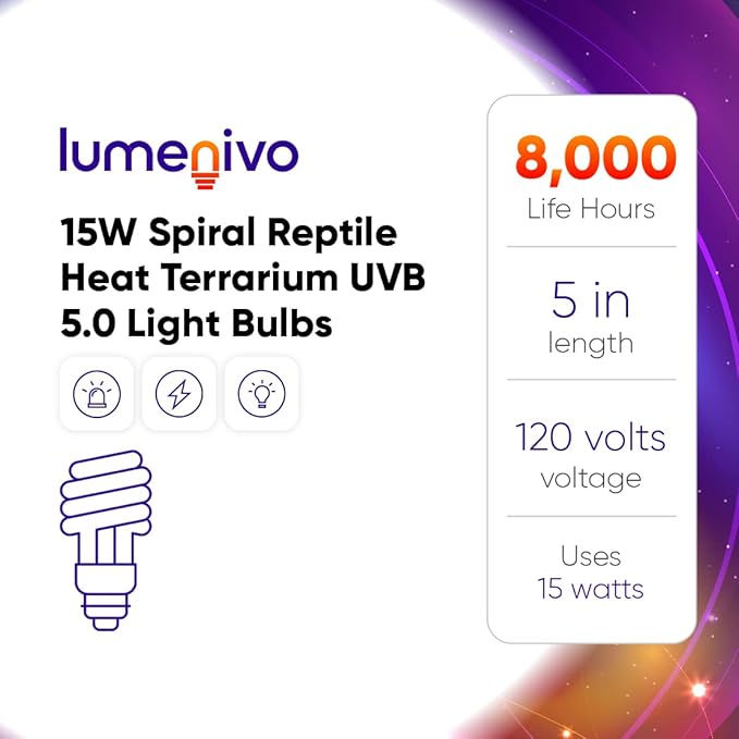 lumenivo 15 Watt UVB Reptile Light 5.0 15W Spiral Reptile Heat Terrarium Light Bulbs for Turtles, Gecko, Tortoise, Snake, Lizard, Chameleons, and Insects - 120V - 3 Pack