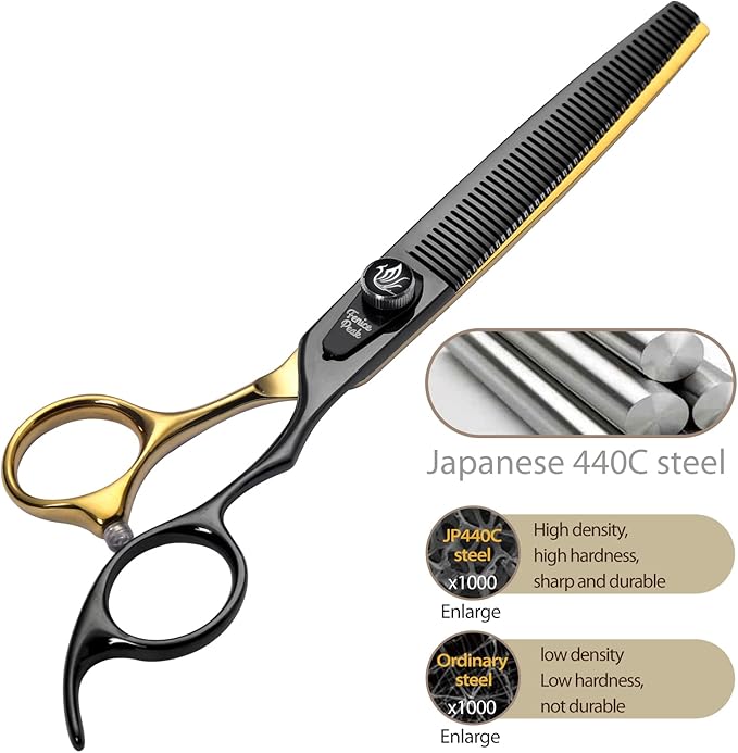 Fenice Peak 7'' Black Dog Grooming Scissors Goldern Thinning Dog Blending Scissors with Ergonomic Offest Handle and Pattern Screw Pet Grooming Thinner Blender Shears Durable and Sharp 440C