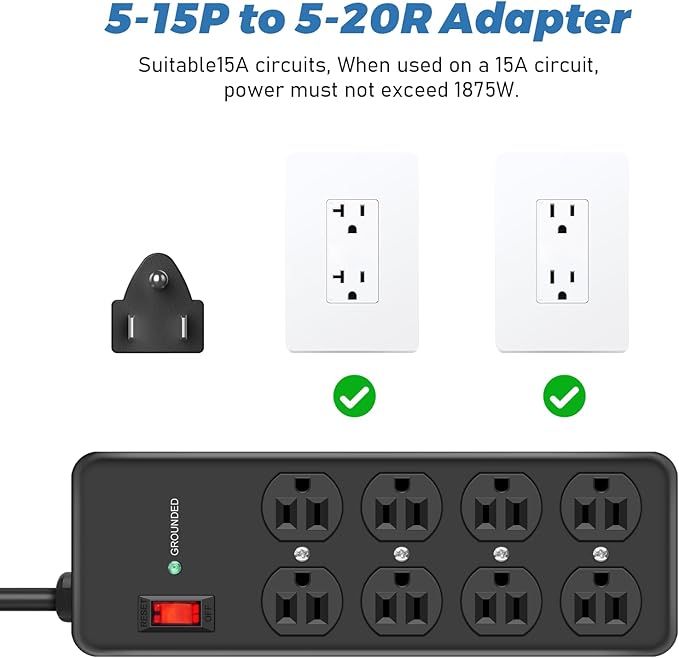 HEZI 8 Outlet Heavy Duty Power Strip, 15Amp Metal Mountable Surge Protector (2700J), Industrial Wall Mount Power Strip for Home, Office, Garage & Workshop, 10FT 14AWG Extension Cord
