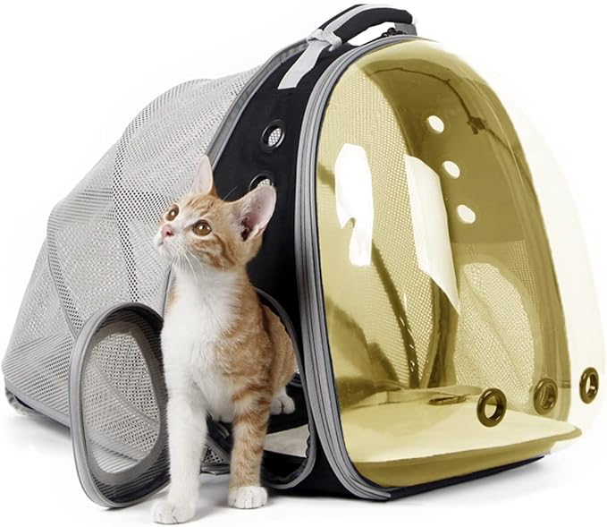 halinfer Expandable Backpack to Carry Cat, Fit up to 12 lbs, Space Capsule Astronaut Polarized Tinted Brown Bubble Window Pet Backpack Carrier for Kitten Bunny and Small Puppy Vet Visit