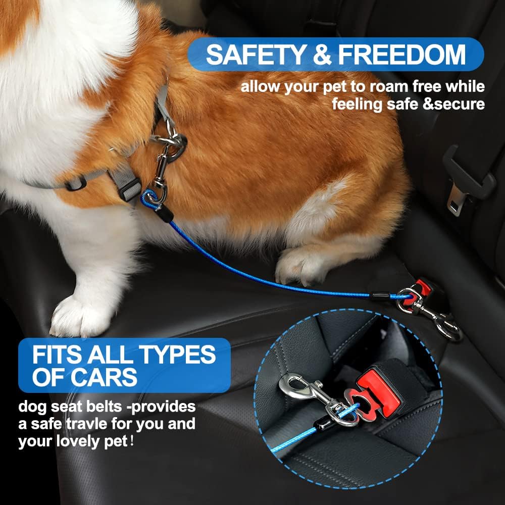Dog Seat Belt Harness for Car,2pcs Dog Seatbelt of Coated Wire Leash Safety Restraint,No Chew Tether Cable Vehicle Dog Accessories,Double Clips & Latch (2 Pack Red+Blue, 32 inch/80 CM)