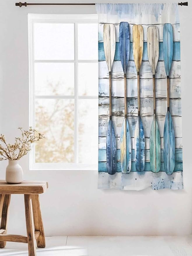 Sheer Curtains 63 Inch Length, Lake Paddle Striped Semi Sheer Curtains Light