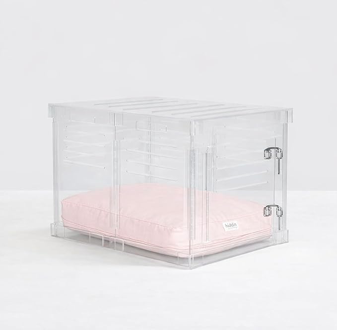 Clear Acrylic Medium Dog Crate Furniture with Blush Cushion for Medium Dogs up to 40 lbs, 3 in 1 Pet Crate and Gate, Modern Furniture Style Indoor Kennel, Dual Silver Latch, 20 x 30 x 22 in