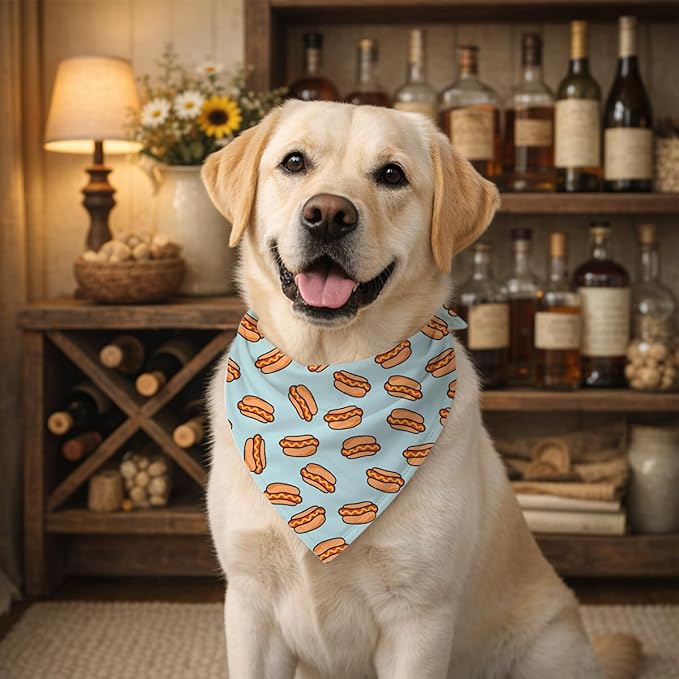 Hot Dog Pattern Pet Bandana, Cute Food Themed Pet Kerchief, Adjustable Triangle Dogs Scarf for Hot Dog Lovers, Comfortable Pets Bandana for Small Medium Dogs