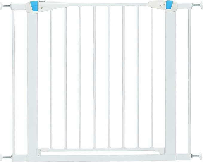 MidWest Homes for Pets 29 Inches Tall Walk-Though Steel Pet Gate, Pressure Mounted Dog Gate with Glow Strip Measures 29H x 29.5-38W Inches & Includes Two 3-Inch-Wide Extensions, White