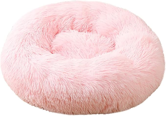 Calming Faux Fur Dog Beds Calming Donut Cuddler Dog Bed Washable Round Cat Bed Pillow Cuddler Fluffy Indoor Dog Calming Beds with Anti Slip Bottom Solid Color Light Pink 47 Inch