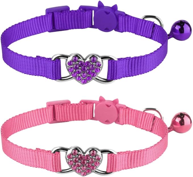 2 Pcs Cat Collars Heart Bling Breakaway with Bell Nylon Adjustable for Kitty (Pink+Purple)