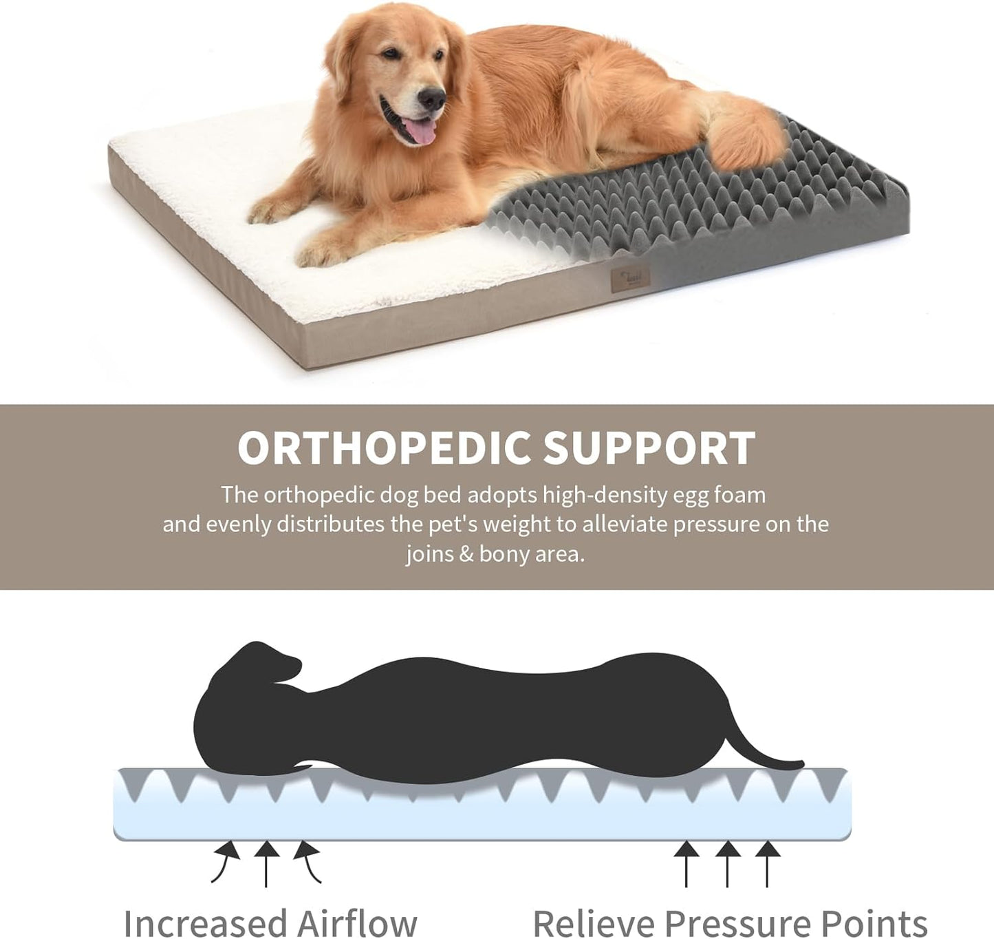 Dog Crate Bed Washable Dog Beds for Large Dogs, Big Waterproof Orthopedic Pet Bed with Egg Crate Foam Pet Mat, Removable Oxford Cooling Cover, Khaki White
