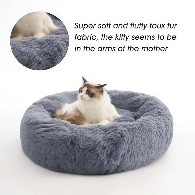 SALAN Dog & Cat Bed for Indoor Cats, 16in Calming Donut Bed for Puppy and Kitten, Washable Round Fluffy Pet Bed for Small Medium Dogs and Cats.(Gray)
