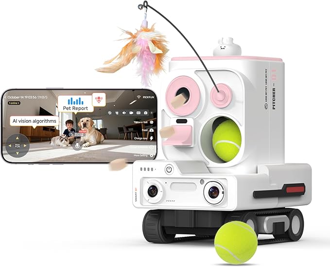 Pmate AI Pet Robot Companion for Dogs & Cats, with Visual Recognition, Remote Video Interaction, Auto Feeding & Play, Red Light Teaser, Night Vision, Auto Charging, Pink